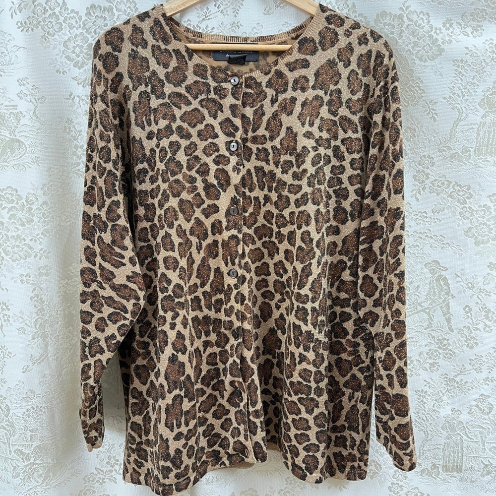 Working Classics Cardigan Glamcore Chic Leopard Metallic Button Up Knit 22/24